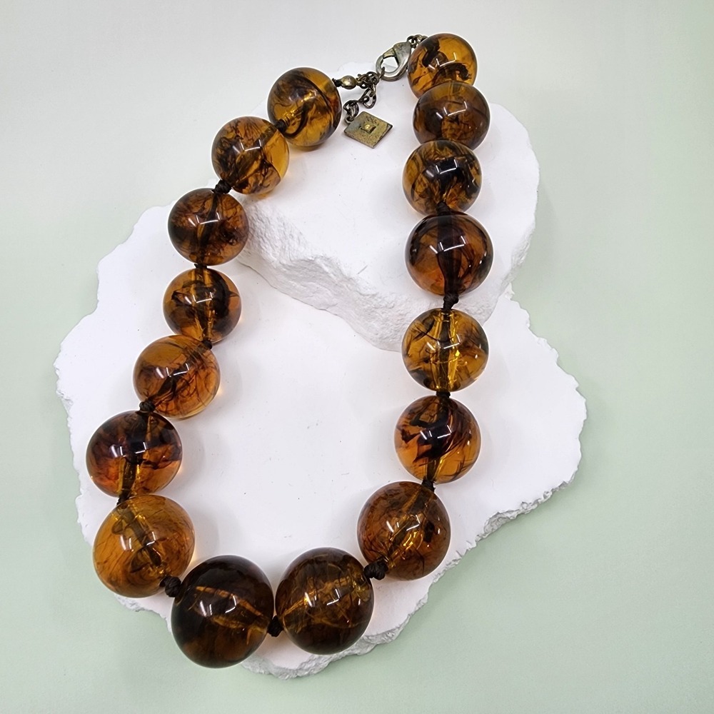 Chunky Amber Tone Translucent Bead Necklace Knotted Statement Vintage 18in Boho